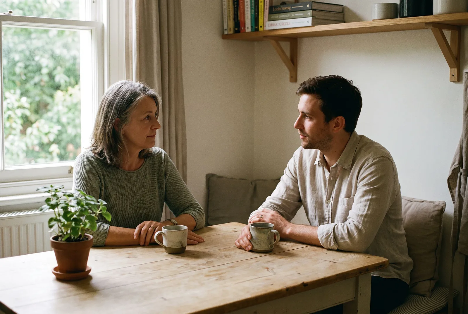 AI-generated scene of two adults listening to one another at a kitchen table.