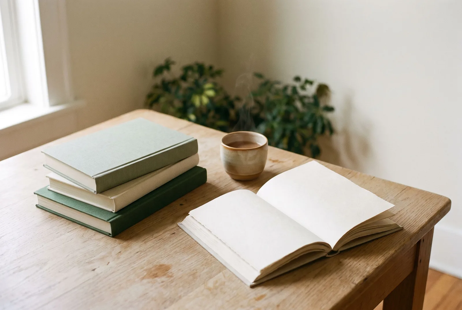 AI-generated still life of books and a ceramic cup on a reading table.