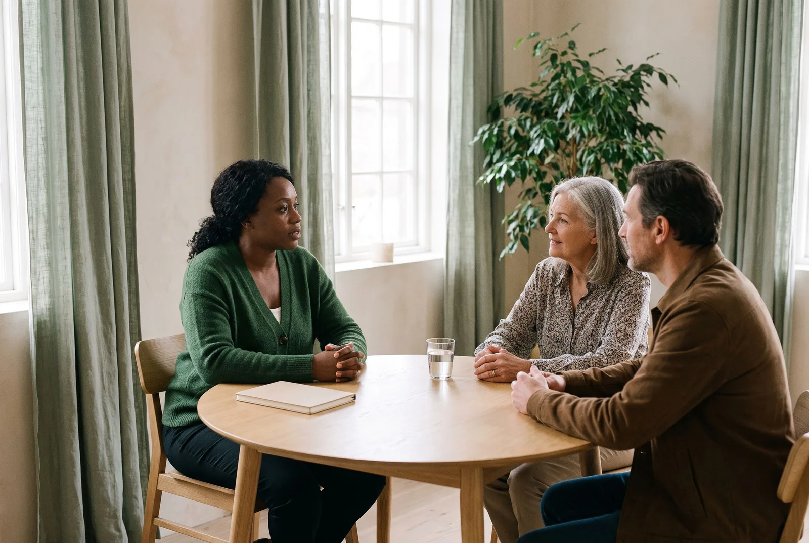 AI-generated scene of three adults having a thoughtful conversation around a table.
