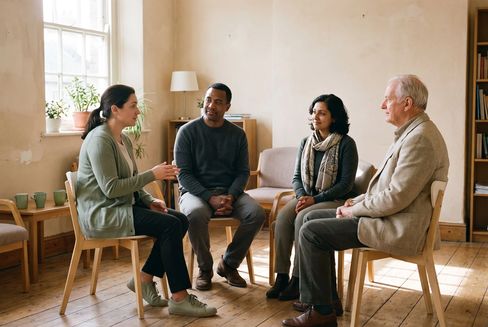 AI-generated scene of four adults listening and talking in a sunlit room.