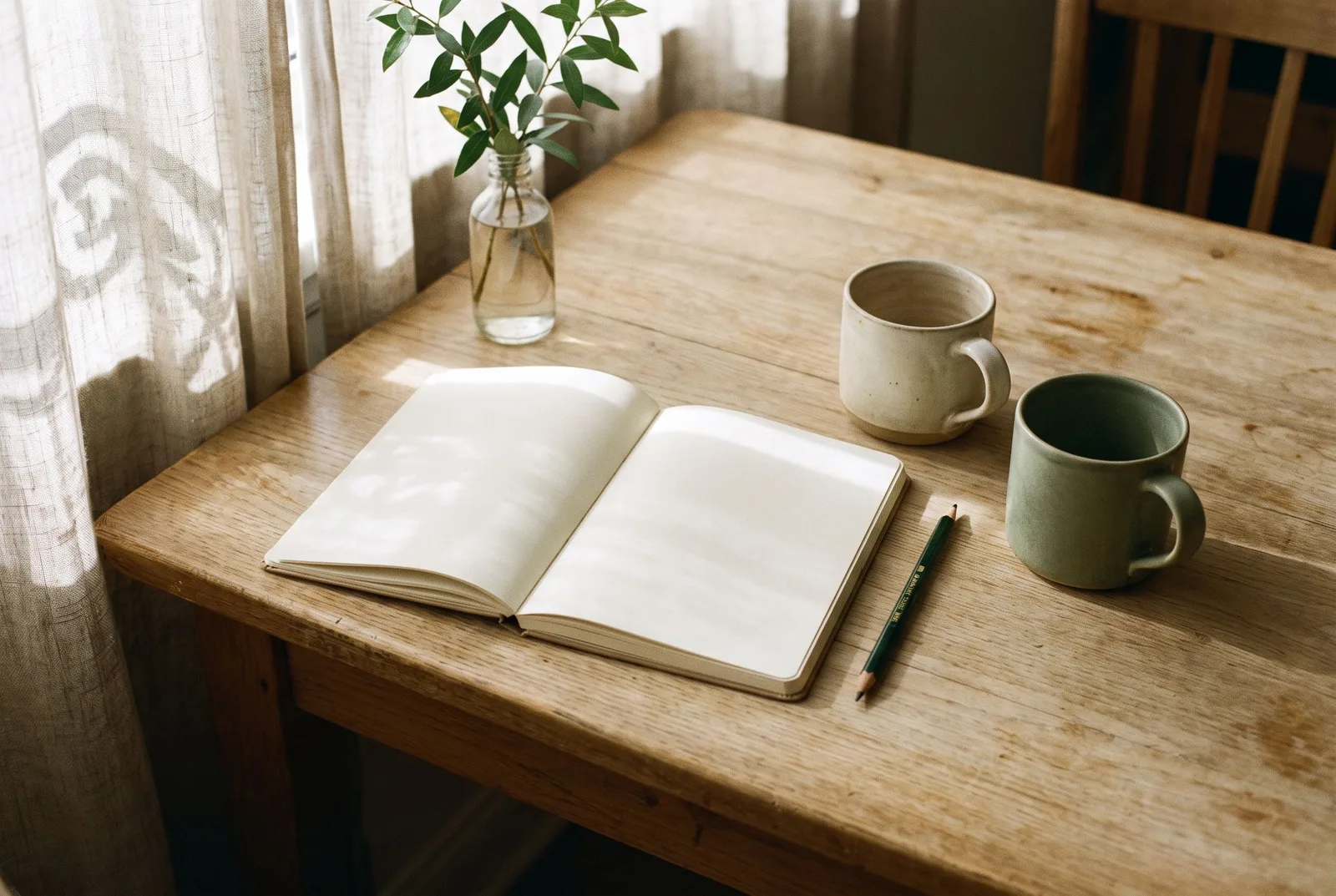 AI-generated still life of an open notebook, a pencil, and two ceramic mugs.